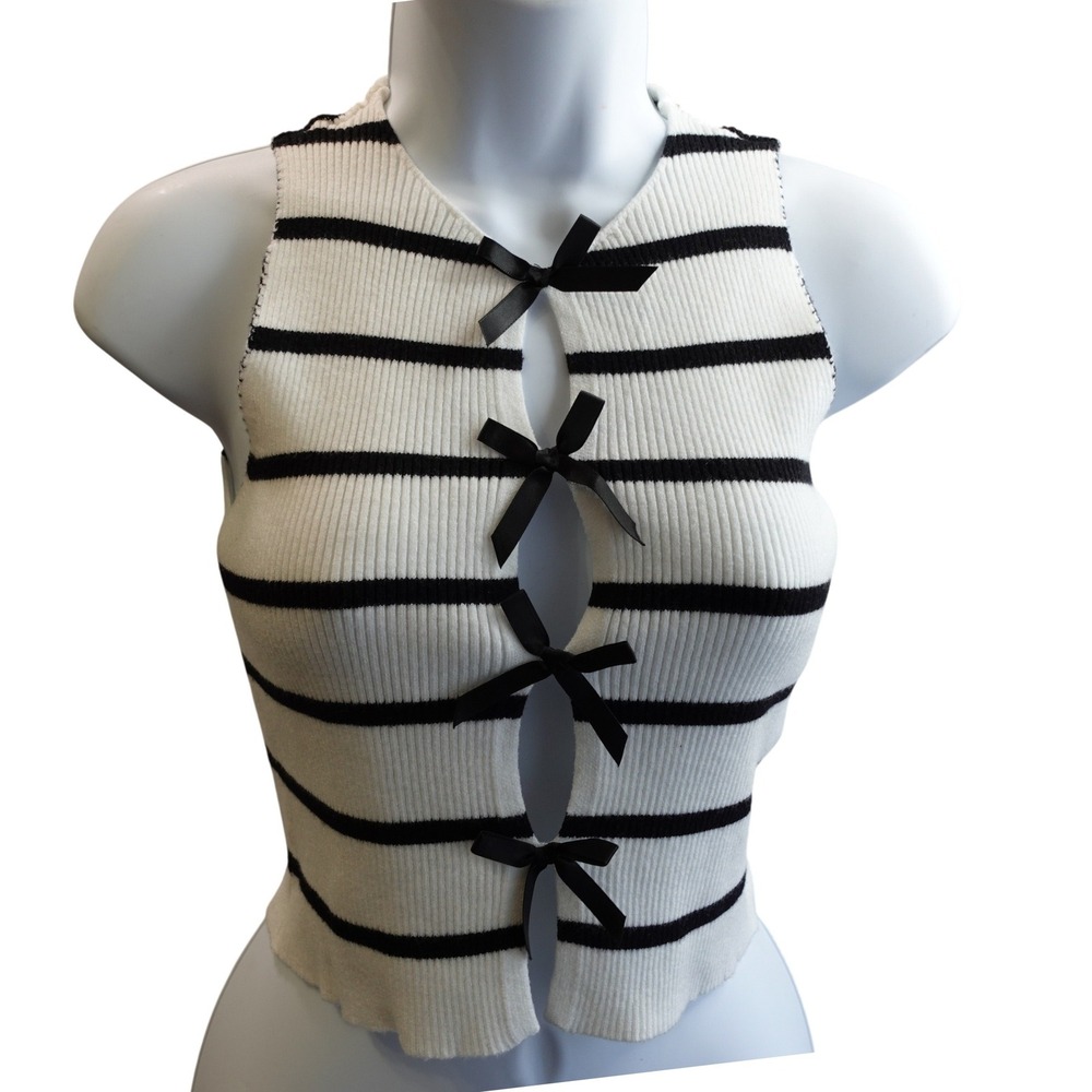 Womens Coquette Bow Front Striped Crop Top S Black White Rib Knit French Girl
